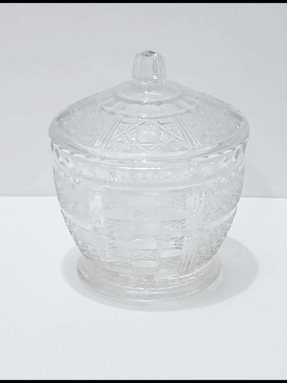 Vintage Clear Pressed Glass Crystal Diamond Cut Candy Dish with Lid
